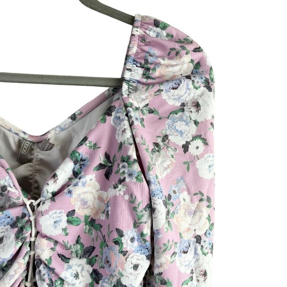 ASOS DESIGN Long Sleeve Crop Top‎ Lace Up Front in Pink Floral Print, Size 8 - Picture 5 of 11